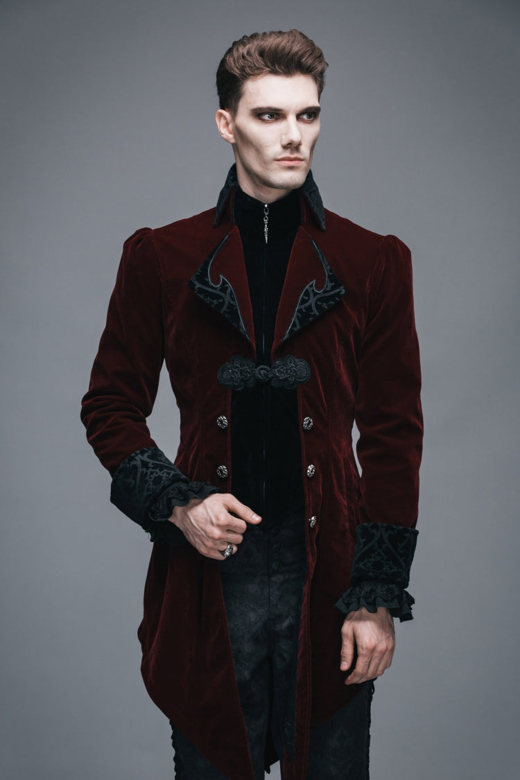 Wine Formal Party Turn Down Collar Long Sleeves Mens Gothic Swallowtail Coat