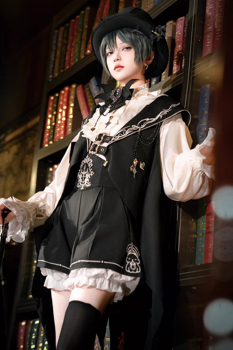 Black [Rabbit-Ear Meteorite] Stand Collar Long Sleeves Ruffled Embroidered Bow Gothic Ouji Lolita Shorts Vest Set