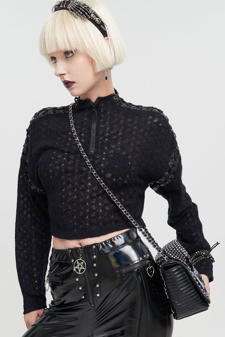 Black Wool Dropped Shoulders Perforated Sleeves Strap Connection Neck Zipper Loose Long Sleeve Women's Punk Sweater