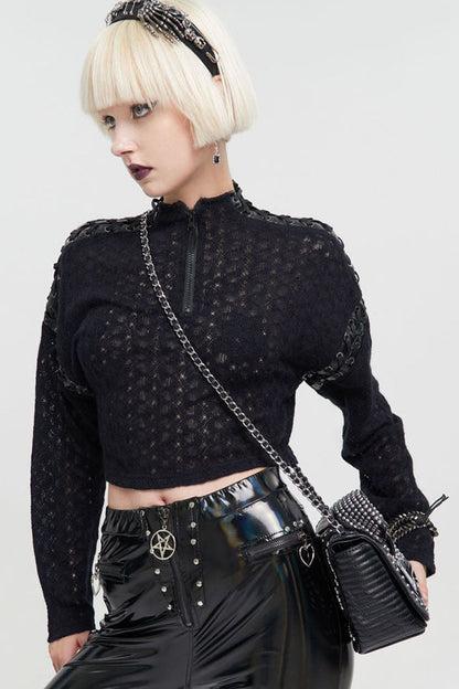 Black Wool Dropped Shoulders Perforated Sleeves Strap Connection Neck Zipper Loose Long Sleeve Women's Punk Sweater