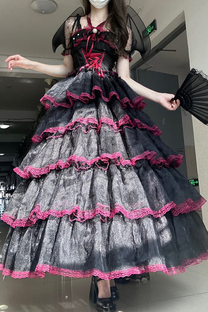 Black/Red Short Sleeves Multi-Layered Ruffle Hanayome Bowknot Lace Plus Size Sweet Lolita Dress (Long Version)
