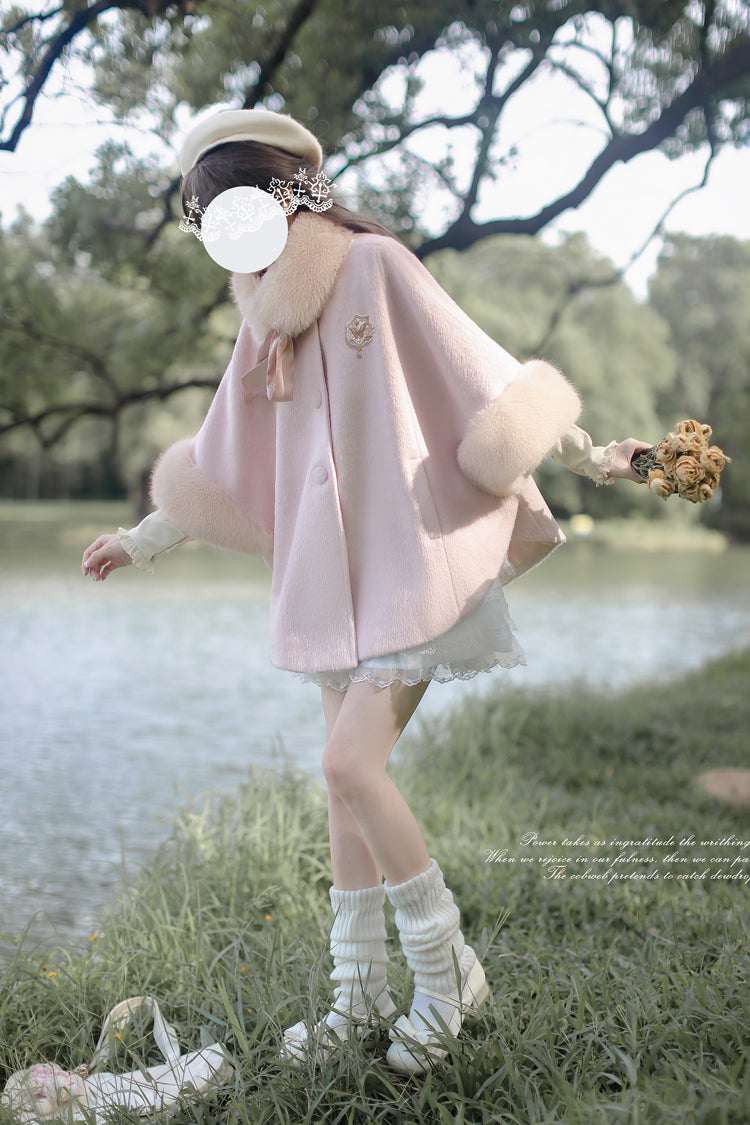 Pink Long Sleeves Lace Sweet Japanese Lolita Fluffy Cloak Coat