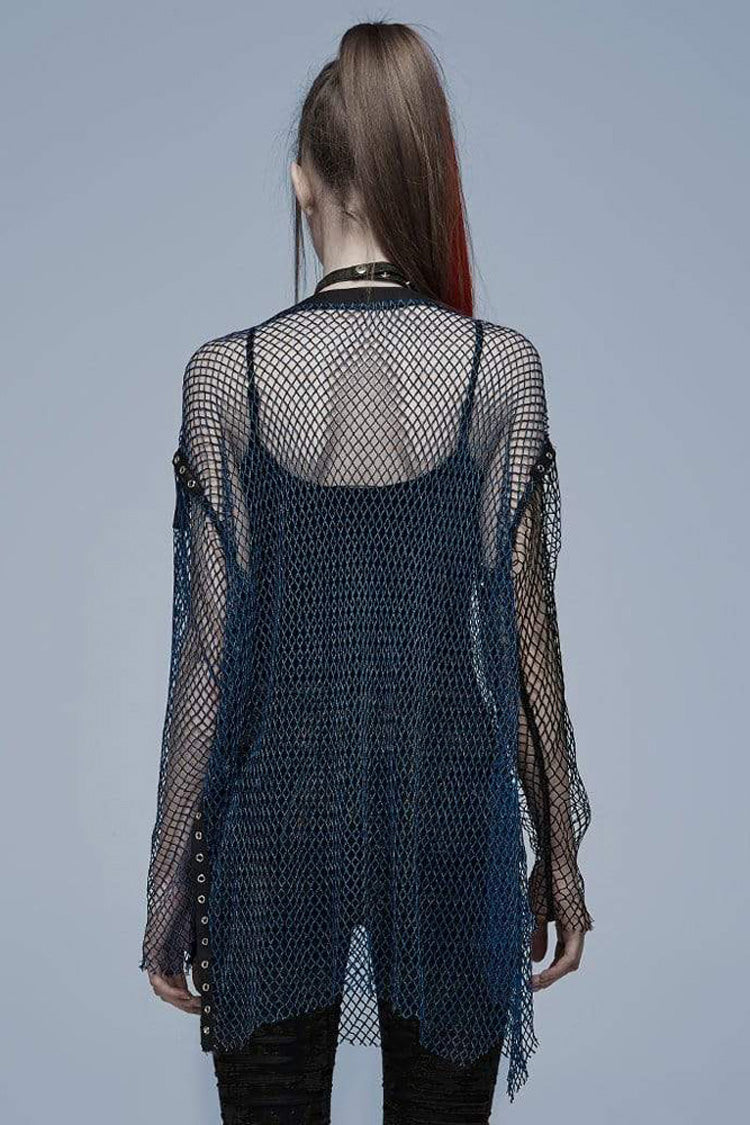 Blue Punk Daily No Elasticity Mesh Buttonhole Decoration Perspective Women's T-Shirt