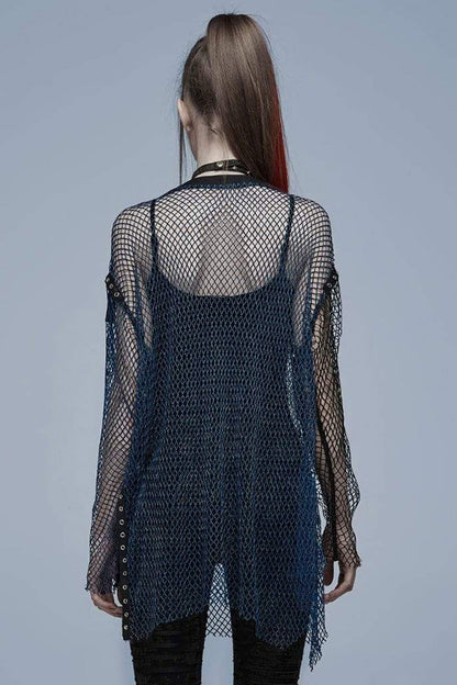Blue Punk Daily No Elasticity Mesh Buttonhole Decoration Perspective Women's T-Shirt