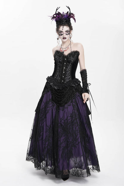 Black Sleeveless Beaded Lace Lace-Up Women's Gothic Overbust Corset