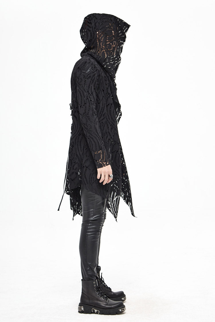 Black V Neck Long Sleeve Sharp Corner Hem Broken Holes Men's Punk Coat