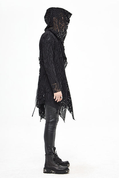 Black V Neck Long Sleeve Sharp Corner Hem Broken Holes Men's Punk Coat