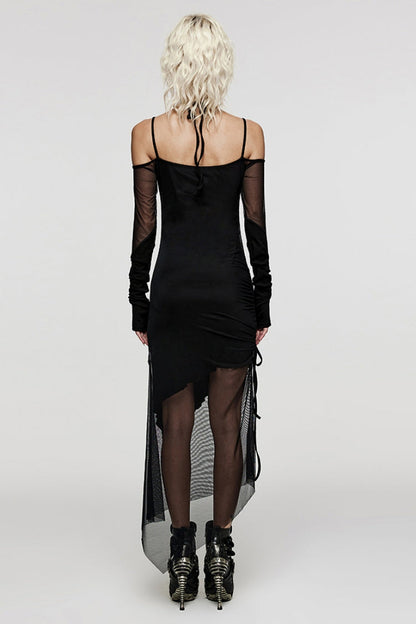 Black Skull Print Stitching Sheer Mesh Women's Gothic Dress
