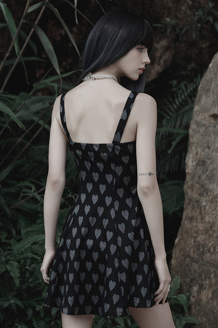 Black/Grey Heart Print Pattern Suspender Hollow Mesh Metal PU Buckle Bow Design Sleeveless Women's Punk Dress