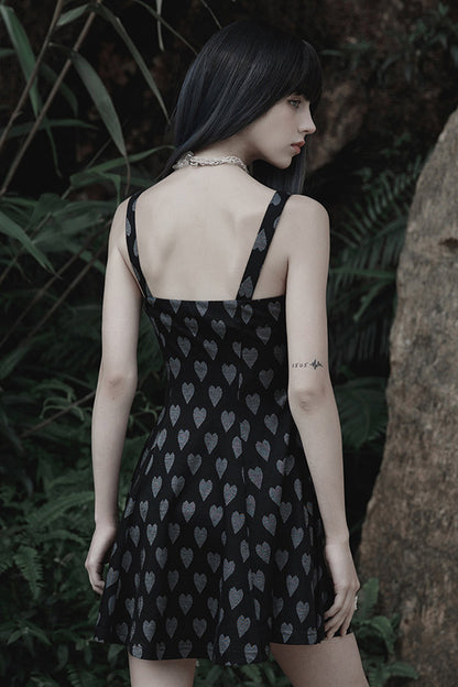 Black/Grey Heart Print Pattern Suspender Hollow Mesh Metal PU Buckle Bow Design Sleeveless Women's Punk Dress