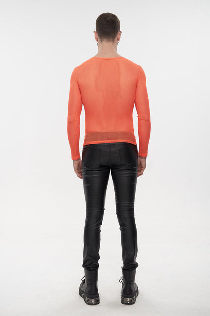 Orange Elasticity High Neck Long Sleeve Mesh Men's Gothic T-Shirt