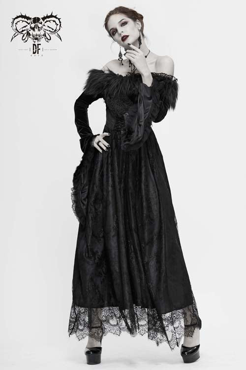 Black Sexy Off Shoulder Lace Pleated Womens Formal Gothic Long Dress With Fur Collar