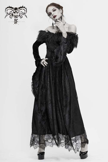 Black Sexy Off Shoulder Lace Pleated Womens Formal Gothic Long Dress With Fur Collar