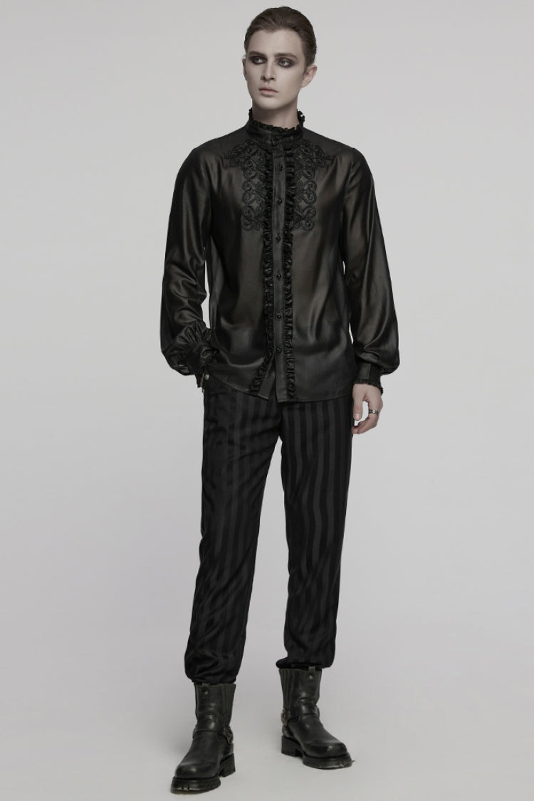 Black Stand Collar Long Sleeves Ruffle Embroidery Men's Gothic Blouse
