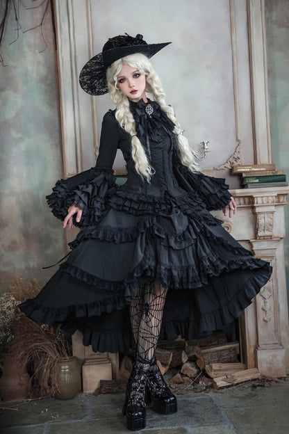 Black [Immortal Phoenix] Long Hime Sleeves Multi-Layered Ruffled Bow Lace-Up Gothic Lolita Skirt Dress Set