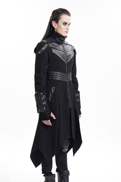 Black Stand Collar Eyelets Buckle-up Ring Long Sleeves Stitching Men's Gothic Coat