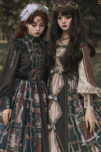 Dark Blue [Tarot] Print Ruffle Bowknot Sweet Elegant Lolita Strap Dress