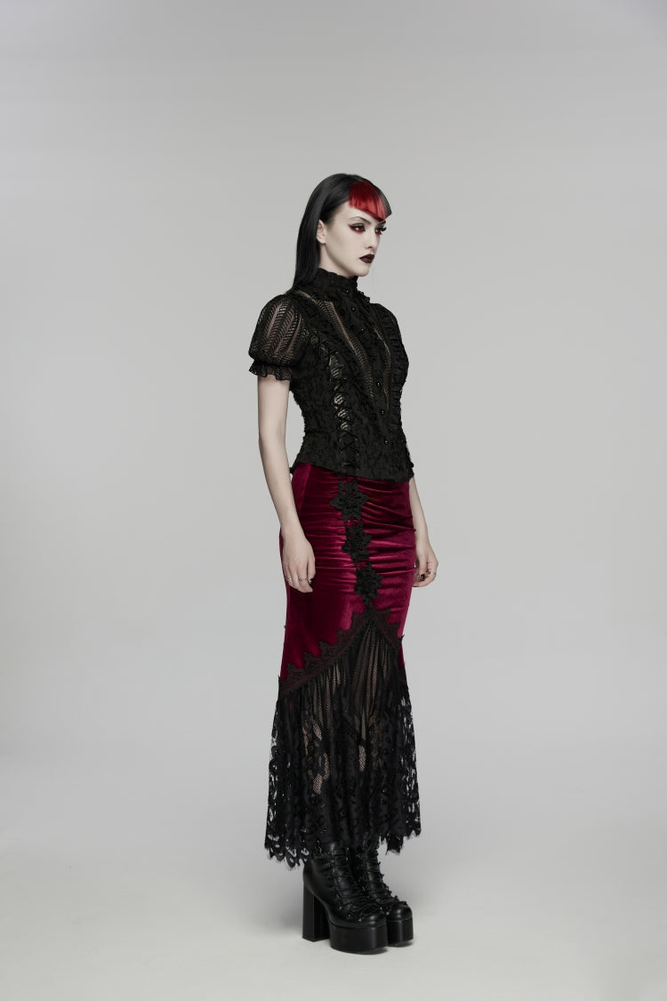 Black Stand Collar Short Sleeves Ruffled Cut-Out Embroidered Lace Women's Gothic Blouse