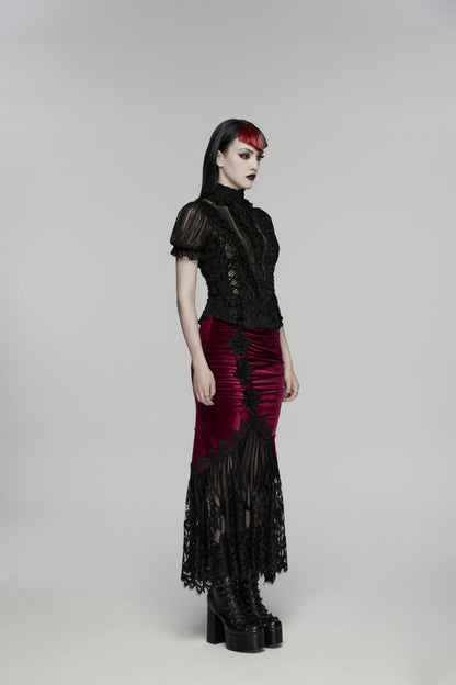 Black Stand Collar Short Sleeves Ruffled Cut-Out Embroidered Lace Women's Gothic Blouse