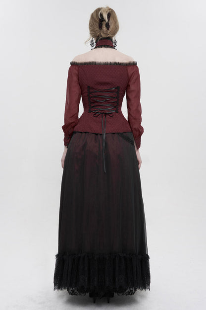 Red Lace Trim Panel Adjustable Back Long Sleeve Women's Gothic Shirt