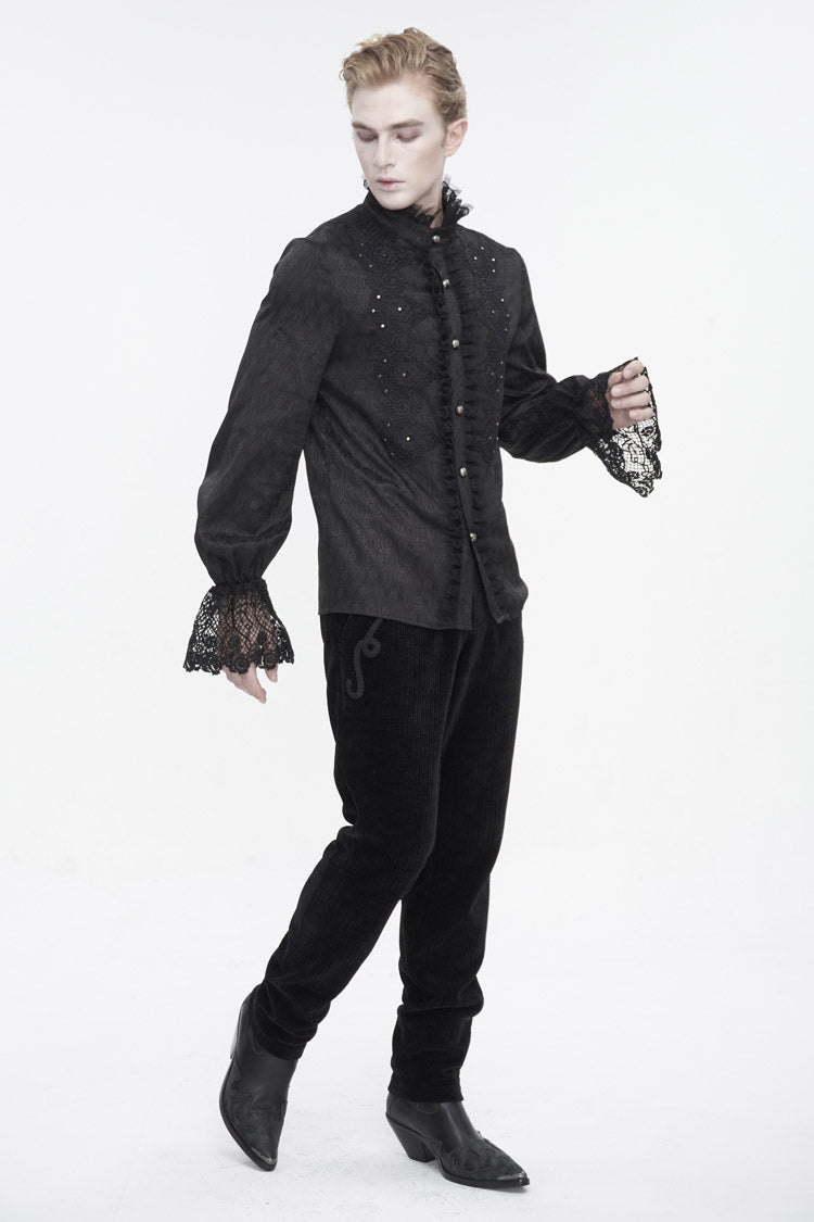Black Stand Collar Puff Sleeved Lace Splice Men's Gothic Shirt