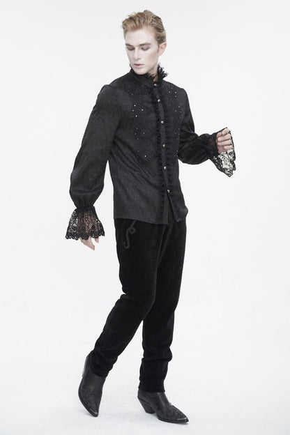 Black Stand Collar Puff Sleeved Lace Splice Men's Gothic Shirt