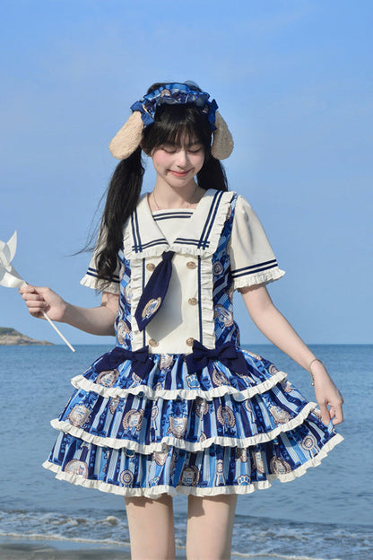 Blue [Glory of the Dog] Navy Collar Short Sleeves Low Waisted Triple-Layered Printed Ruffled Bow Sweet Lolita Dress
