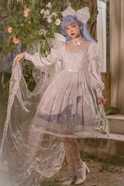 Multi-Color Long Lantern Sleeves Print Ruffle Sweet Princess Lolita Jsk Dress