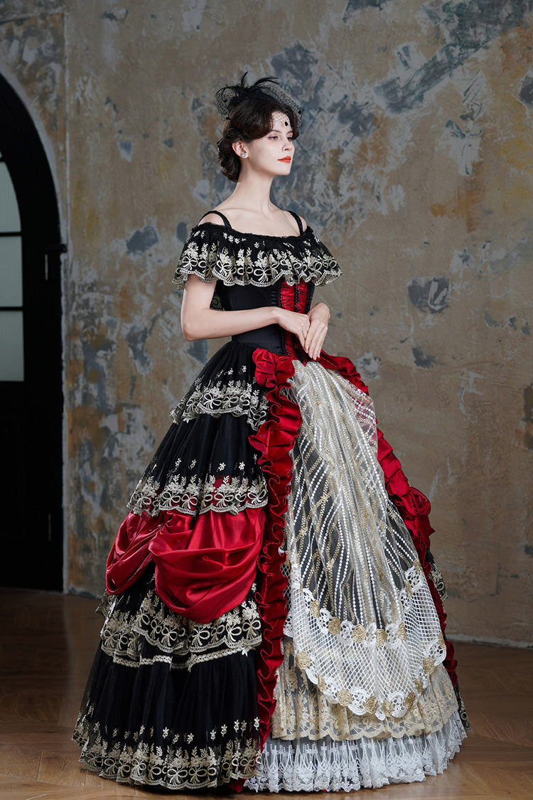 Black/Red Off Shoulder Short Sleeves Multi-Layered Ruffled Open-Front Mesh Gothic Vintage Palace Lolita Victorian Dress