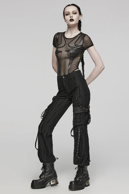 Black Short Sleeves Sheer Mesh Women's Punk Bodysuit