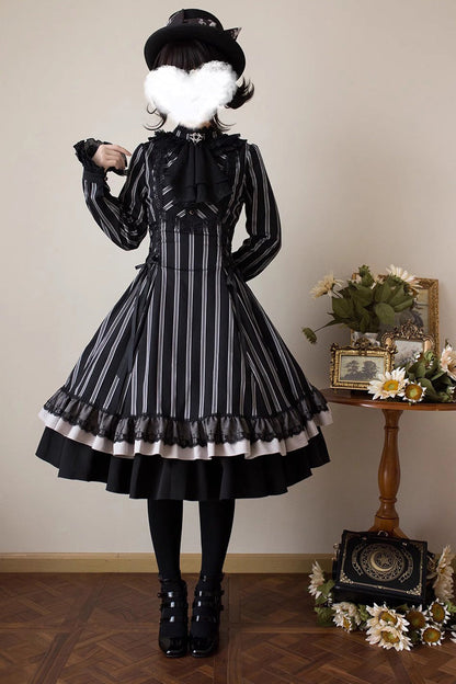Black Stand Collar Long Sleeves Multi-layer Striped Print Ruffle Gothic Lolita Dress