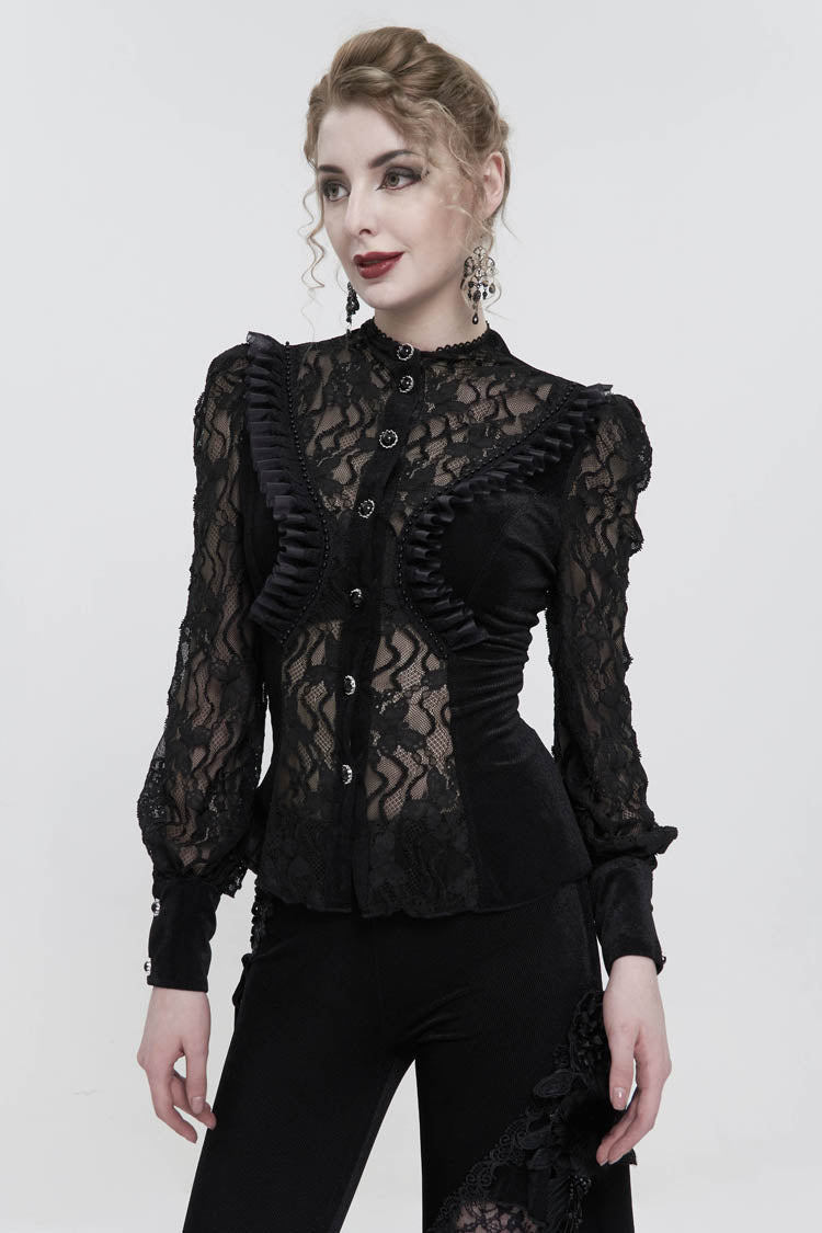 Black Velvet High Neck Lace Fake Bra Design Splicing Three-Dimensional Butterfly Mesh Women's Gothic Shirt