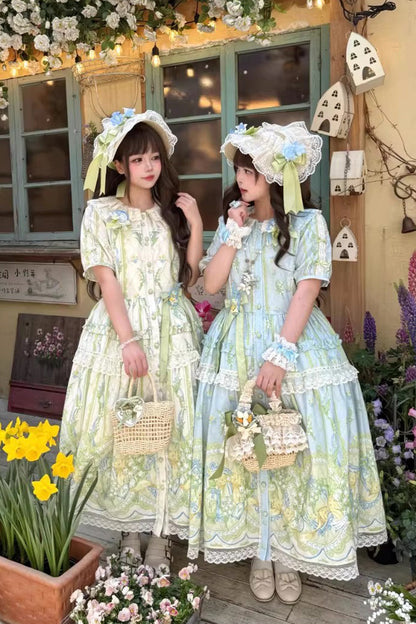 Blue/Green [Lily of the Valley Perfume] Pearl Candy Tea Doll Collar Short Sleeves Printed Lace Plus Size Sweet Lolita OP Dress