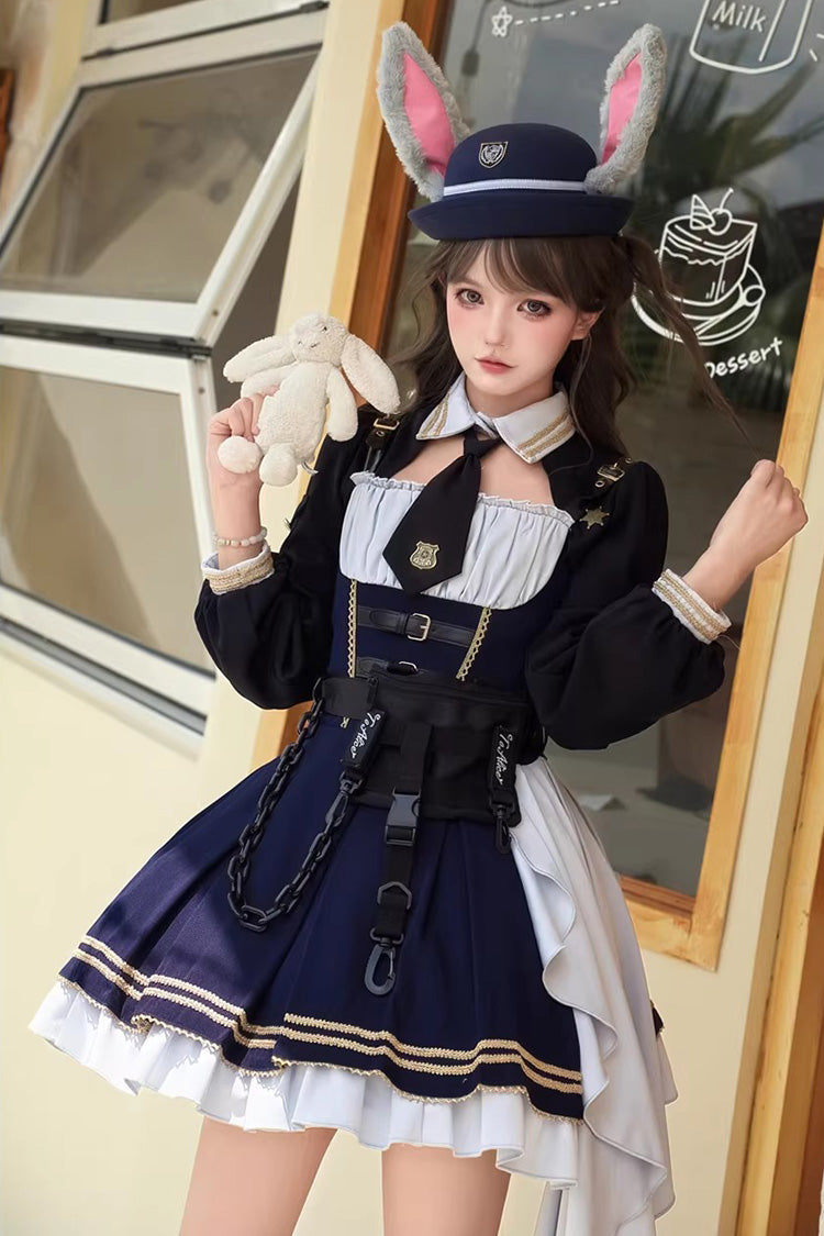 Blue [Rabbit Police Officer] Ruffled Bow Asymmetric College Style Handsome Lolita Jsk Dress