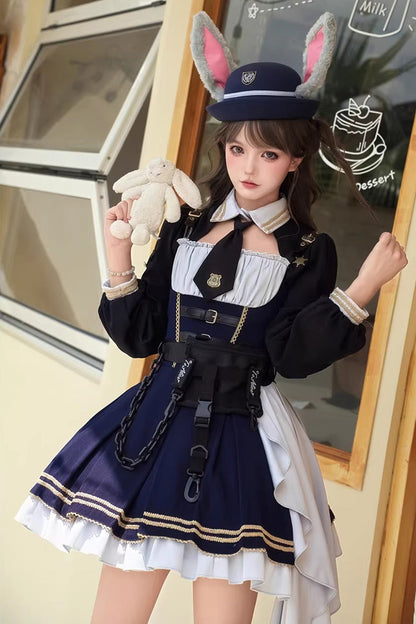 Blue [Rabbit Police Officer] Ruffled Bow Asymmetric College Style Handsome Lolita Jsk Dress