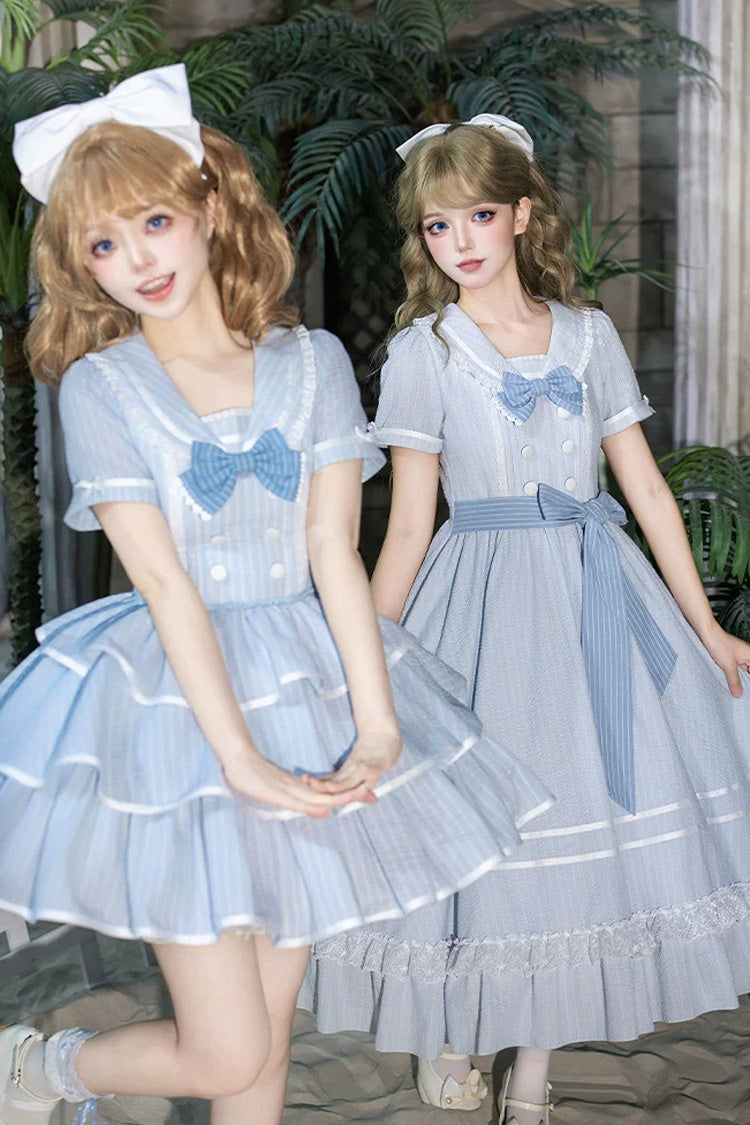 Blue [Seven Day Bell] Navy Collar Short Sleeves Printed Ruffled Bow Sweet Lolita Dress 2 Versions