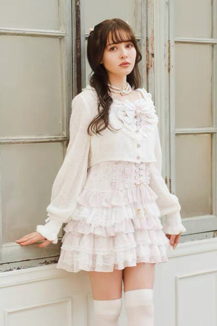 Jirai Kei Long Sleeves Multi-Layered Printed Ruffled Bow Sweet Dress 3 Colors