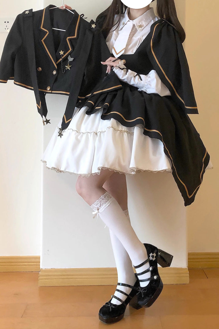 Black/White [Commander] Long Sleeves Ruffle Bowknot Irregular Sweet Lolita Dress Coat Cloak Set