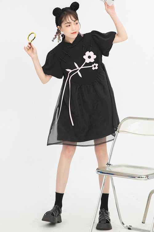 Black Stand Collar Lantern Short Sleeves Floral Print Organza Panel Sweet Lolita Dress