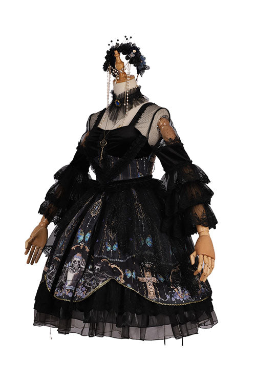 Black Square Collar Cemetery Butterfly Skull Print Lace Lantern Sleeves Multi-Layer Ruffled Gothic Lolita OP Dress