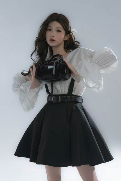 Black/White Lapel Collar Long Sleeves Ruffled Bow Classic Lolita Strap Dress Set