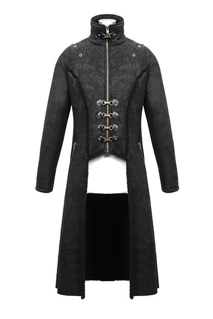 Black Stand Up Collar Shoulder Fur Cape Front Metal Hasp Chest Loops Long Fur Men's Punk Coat
