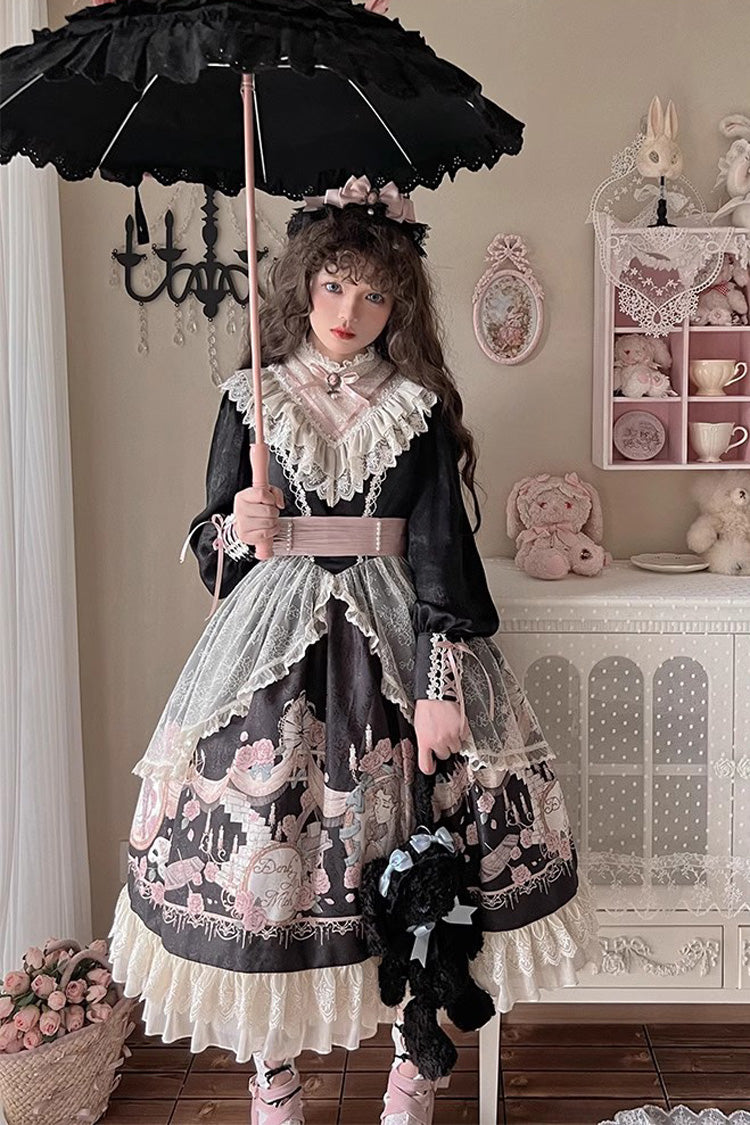 Black Rose Prologue Print Long Sleeves Ruffle Sweet Elegant Lolita Dress