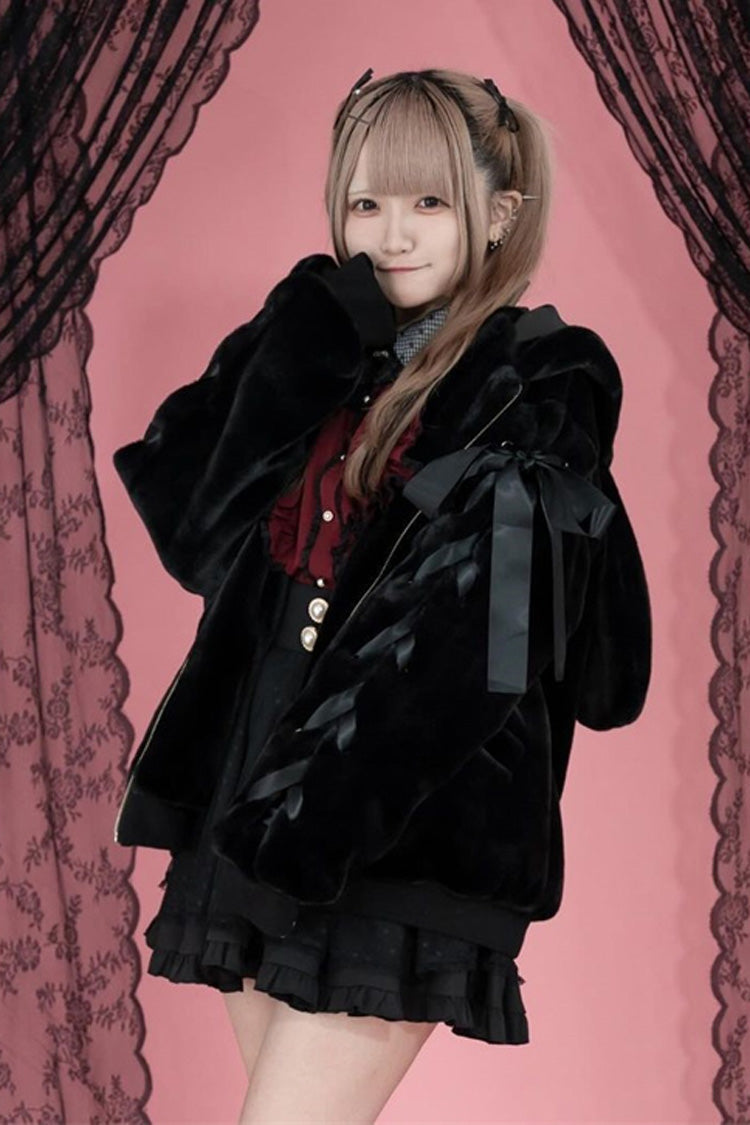 Black Rabbit Ears Long Sleeves Bowknot Lace-Up Hooded Jirai Kei Coat