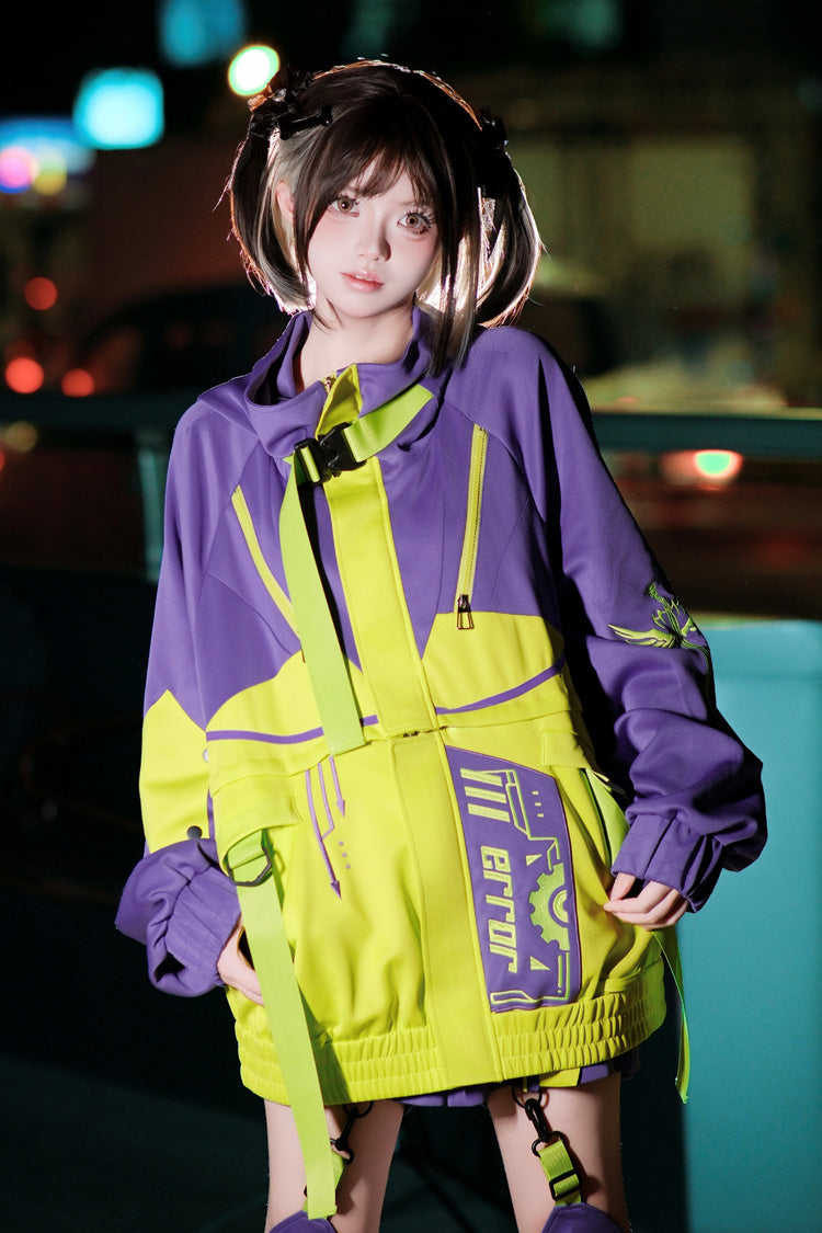 Neon Purple/Green [Zero-Type Transformation] Techwear Long Sleeves Embroidered Hooded Punk Jirai Kei Shorts Coat Set