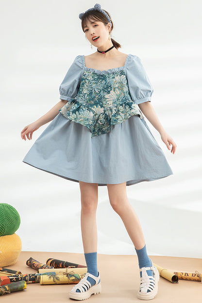 Blue Square Collar Ruffled Oil Painting Patchwork Short Sleeves High Waisted Sweet Lolita Dress