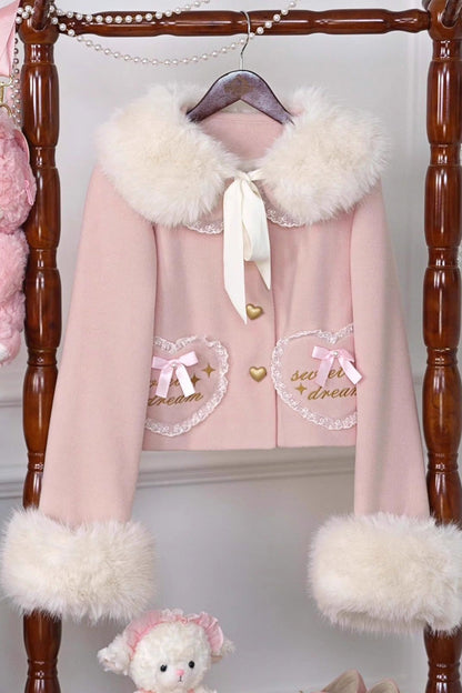 [Creamy Dream Whisper] Doll Collar Long Sleeves Bow Lace Short Sweet Lolita Coat 3 Colors
