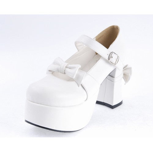 White Patent Leather Round Toe Strap Bowknot Platform Lolita Shoes