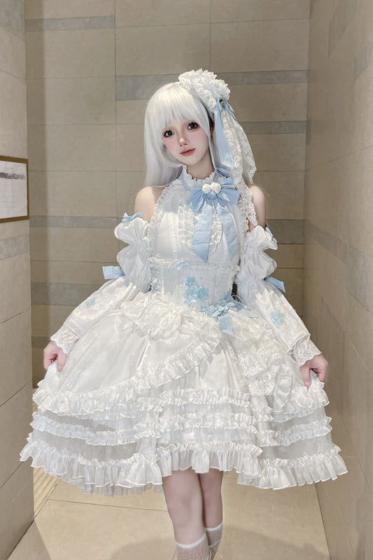 White Detachable Long Trumpet Sleeves Triple-Layered Ruffle Hanayome Bowknot Lace Sweet Lolita Dress