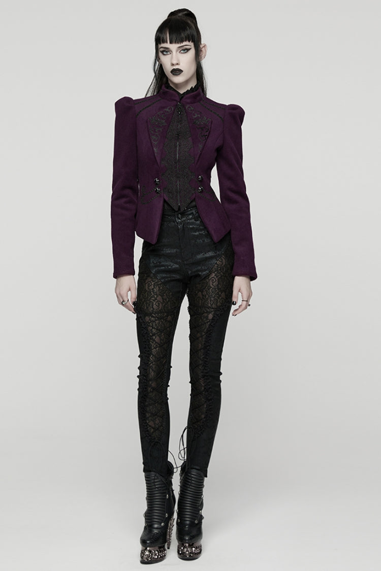 Purple Stand Collar Long Sleeves Embroidered Lace-Up Zippered Women's Gothic Jacket